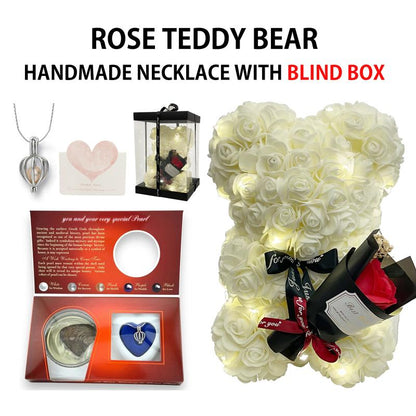 Romantic Valentines Day Gift for Her, Artificial Flowers Necklace Rose Teddy Bear with Real Pearl Blind Box Birthday Gift, Valentiness Day Gift for Monther Wify Girl